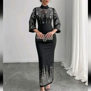 Elegant & Sexy Beaded Black Long Sleeve Dress For Women
